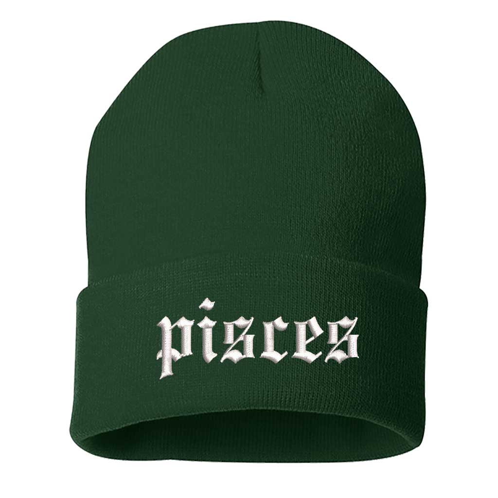 Forest Green Front view of a cuffed knit beanie featuring the Pisces zodiac symbol in high-density embroidery on the center cuff. - DSY Lifestyle