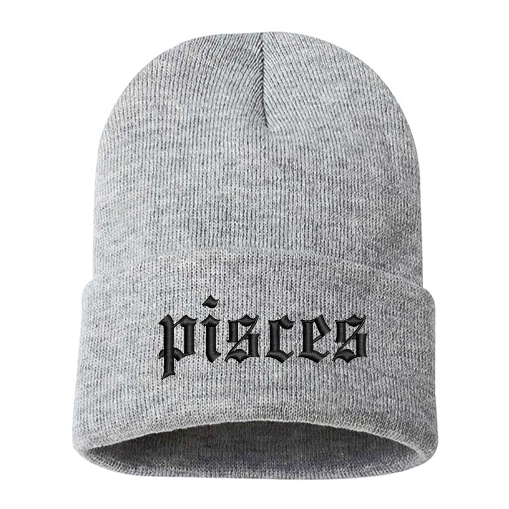 Gray Front view of a cuffed knit beanie featuring the Pisces zodiac symbol in high-density embroidery on the center cuff. - DSY Lifestyle