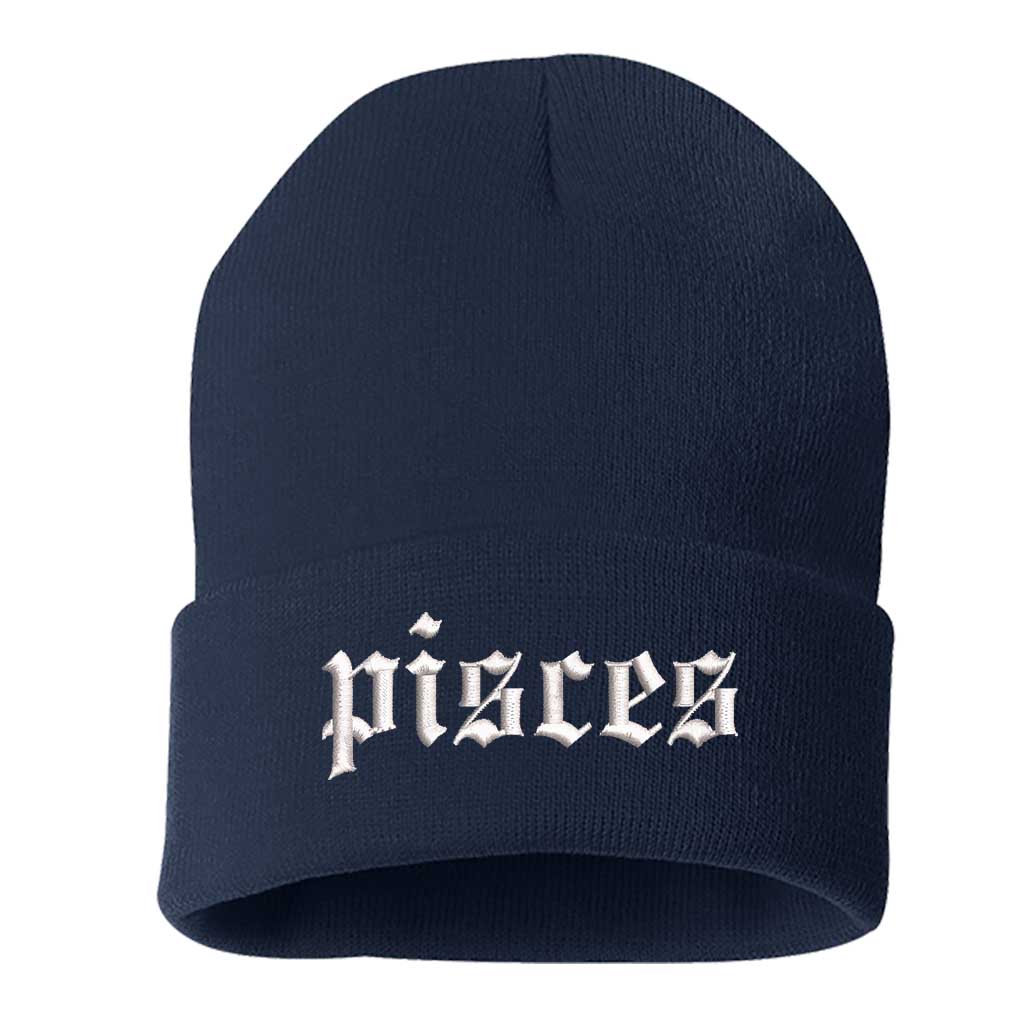 Navy Blue Front view of a cuffed knit beanie featuring the Pisces zodiac symbol in high-density embroidery on the center cuff. - DSY Lifestyle