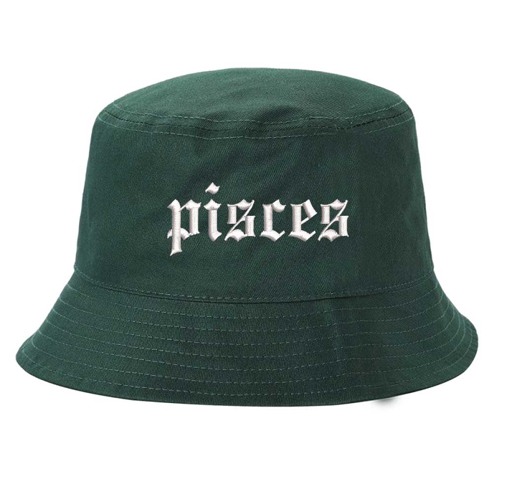 Forest Green Pisces Zodiac Embroidered Bucket Hat featuring sharp white embroidery on a premium cotton crown with a structured brim; a sophisticated astrological statement piece by DSY Lifestyle.