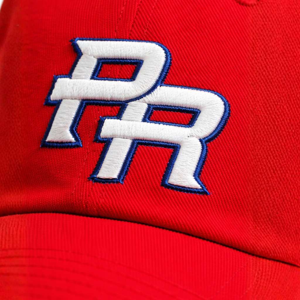 Close-up of a red cap with the PR 3D embroidered logo DSY Lifestyle