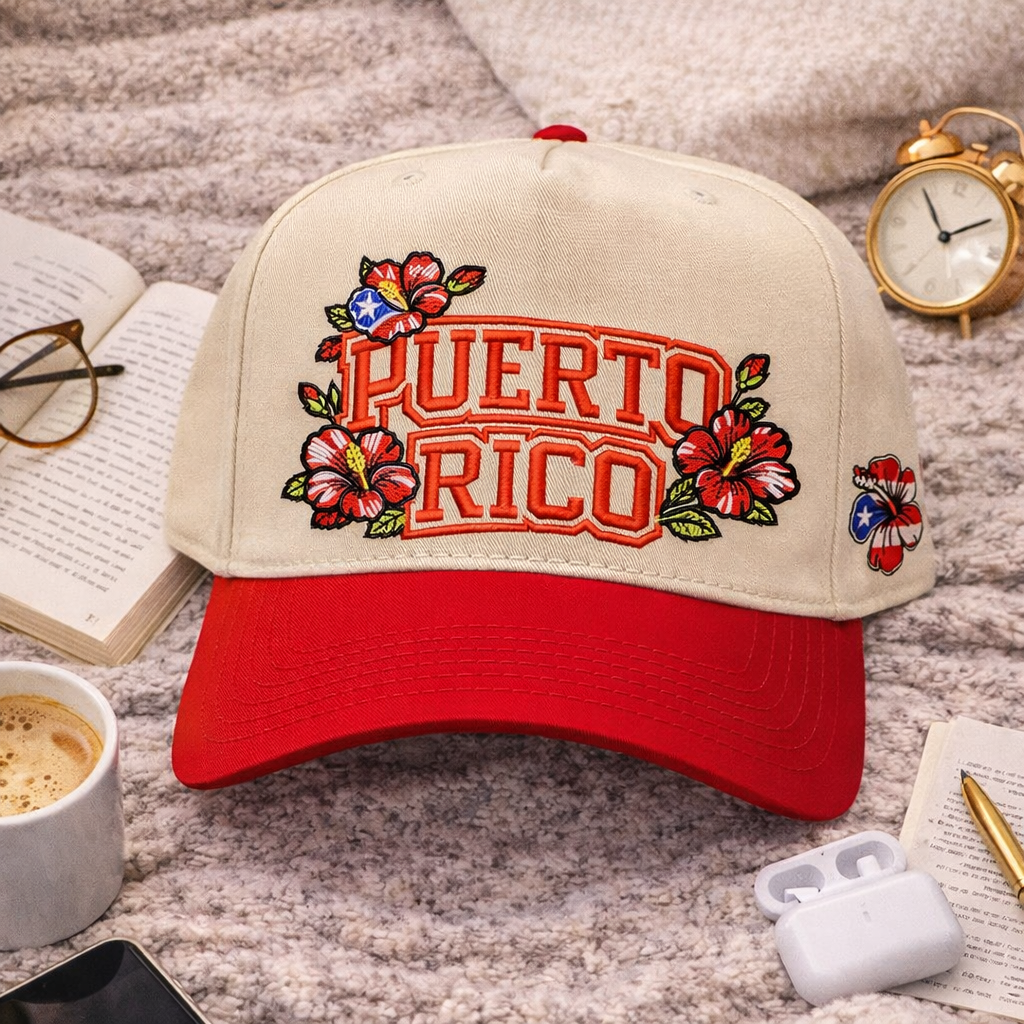 Natural Red Puerto Rico in Bloom embroidered baseball hat with sandy beach background. A two-tone statement hat for women who love culture, effortless outfits, and bold style. - DSY Lifestyle