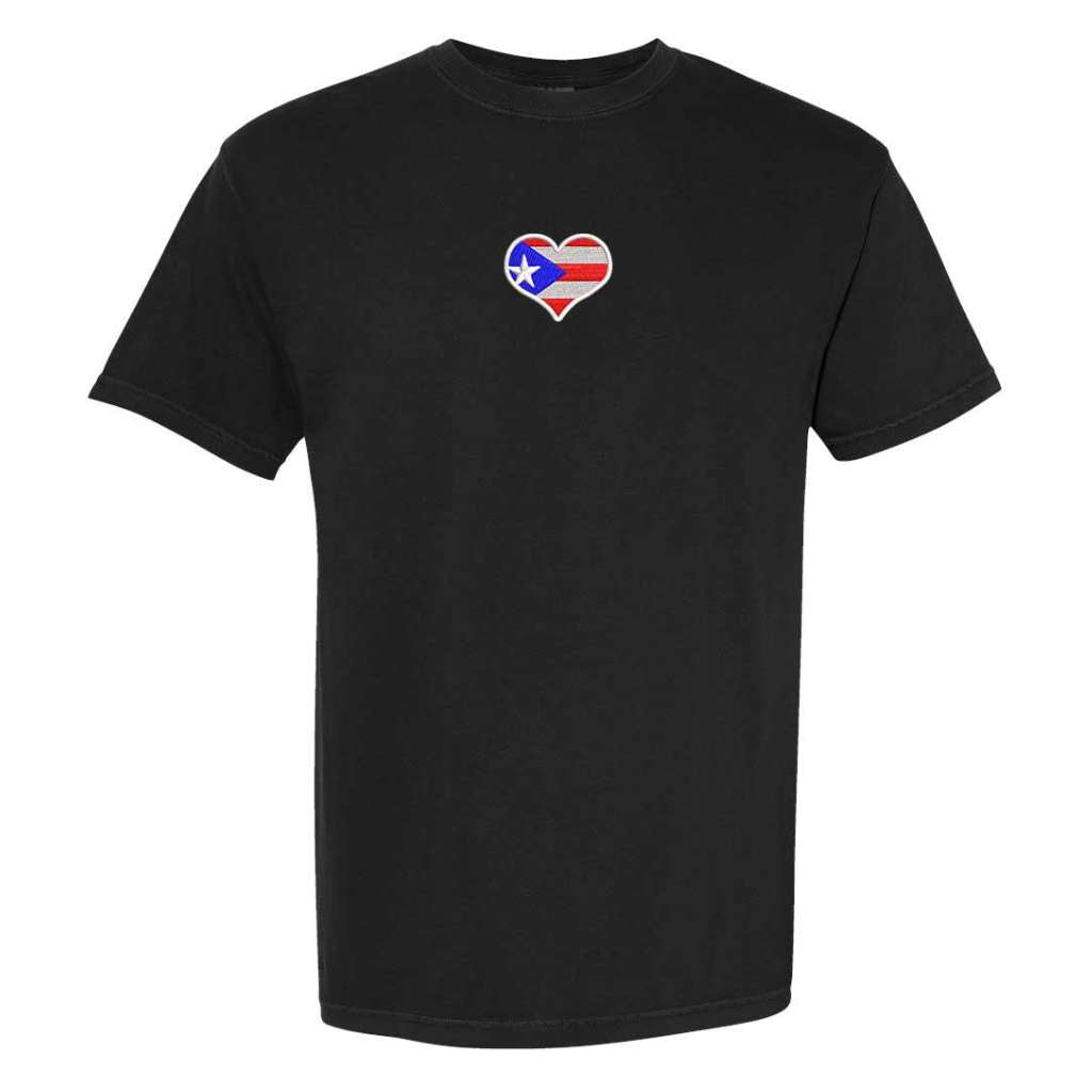 Black washed Comfort Colors t-shirt from DSY Lifestyle featuring an embroidered Puerto Rican flag heart design centered on the chest.