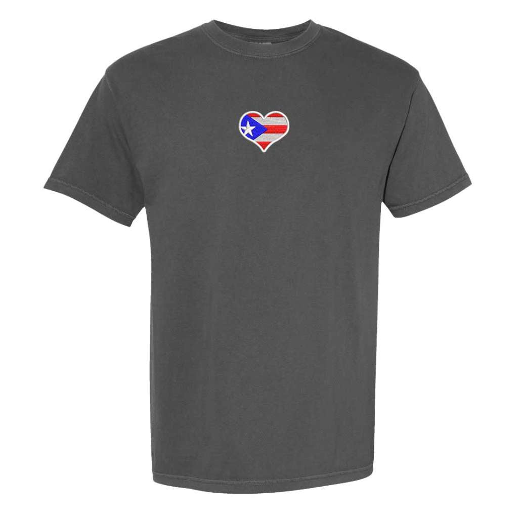 Dark Heather Gray washed Comfort Colors t-shirt from DSY Lifestyle featuring an embroidered Puerto Rican flag heart design centered on the chest