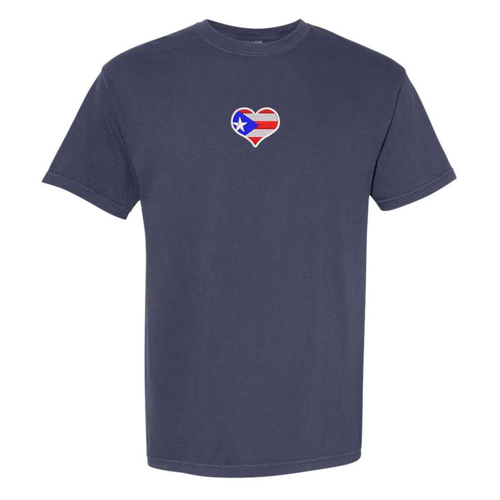Navy washed Comfort Colors t-shirt by DSY Lifestyle with an embroidered Puerto Rican flag heart design placed in the middle of the chest.