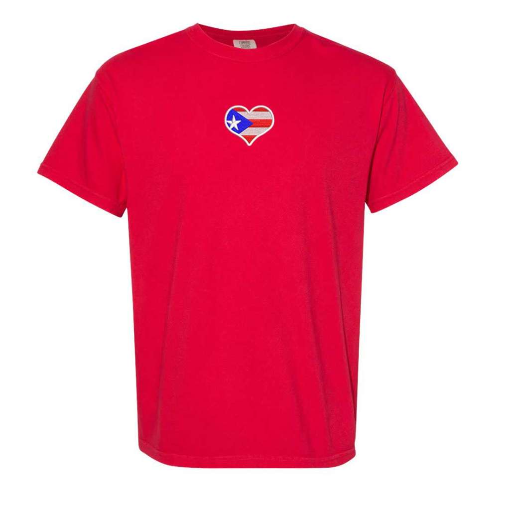 Bright red washed Comfort Colors t-shirt from DSY Lifestyle displaying a heart-shaped Puerto Rican flag embroidery centered on the front.