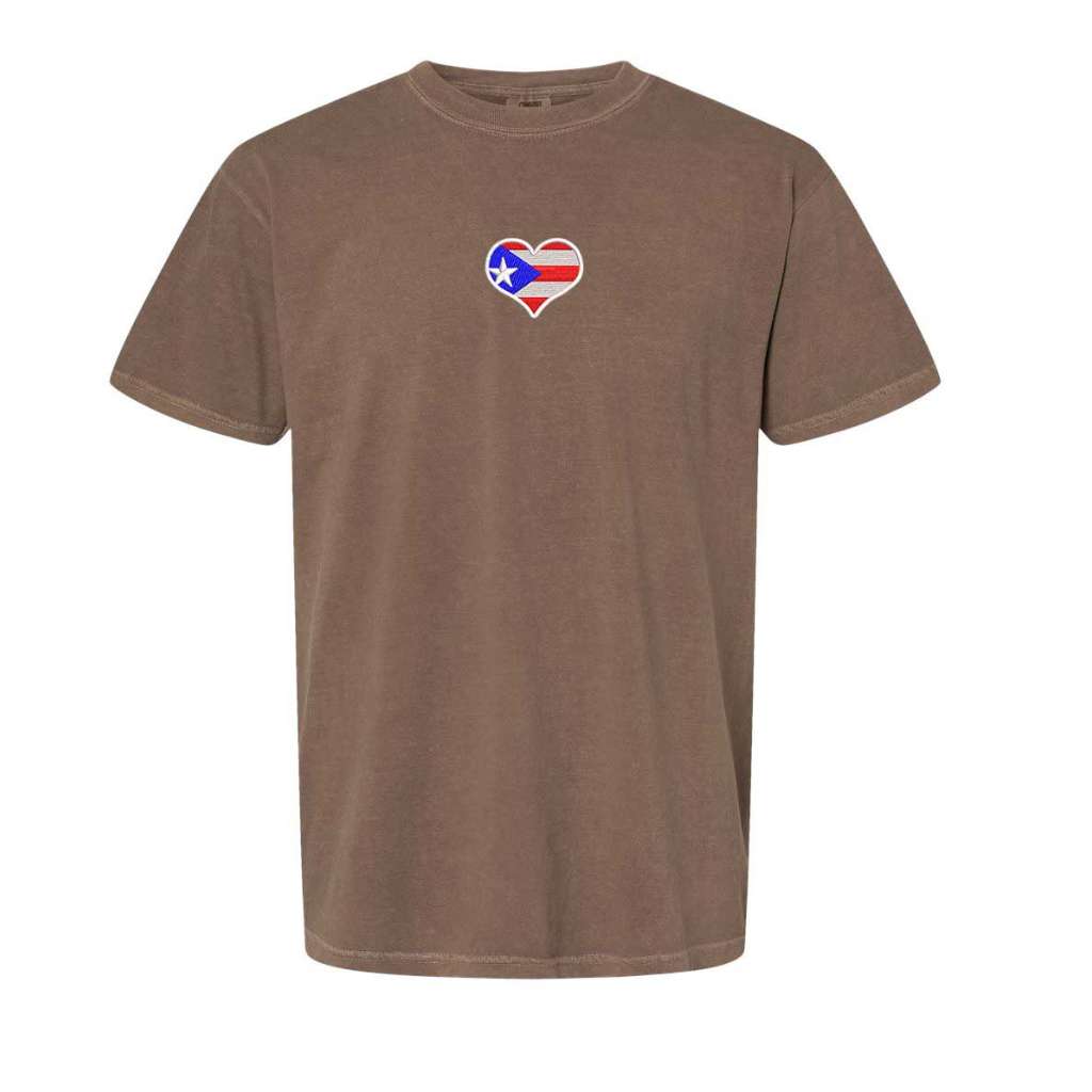 Brown washed Comfort Colors t-shirt from DSY Lifestyle with an embroidered Puerto Rican flag heart design centered on the front.
