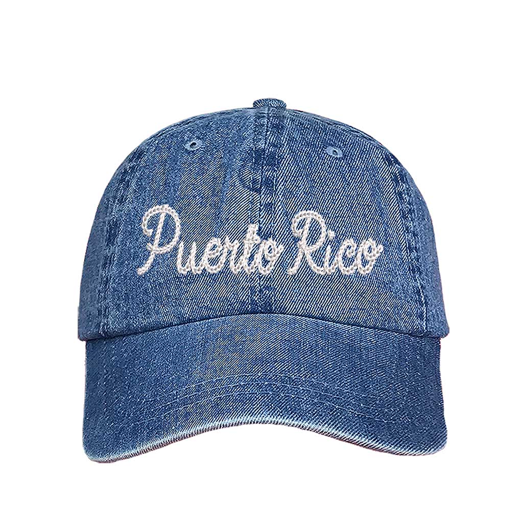 Light Denim Puerto Rico Chain Stitch Embroidered Baseball Hat with textured chain stitch embroidery, a curved brim, and an adjustable strap, designed for Puerto Rican pride and heritage - DSY Lifestyle