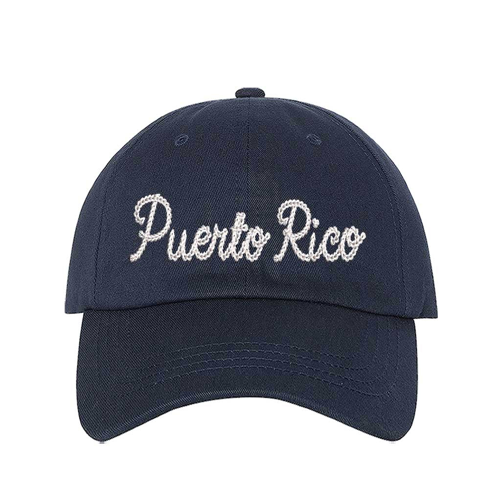 Navy Blue Puerto Rico Chain Stitch Embroidered Baseball Hat with textured chain stitch embroidery, a curved brim, and an adjustable strap, designed for Puerto Rican pride and heritage - DSY Lifestyle