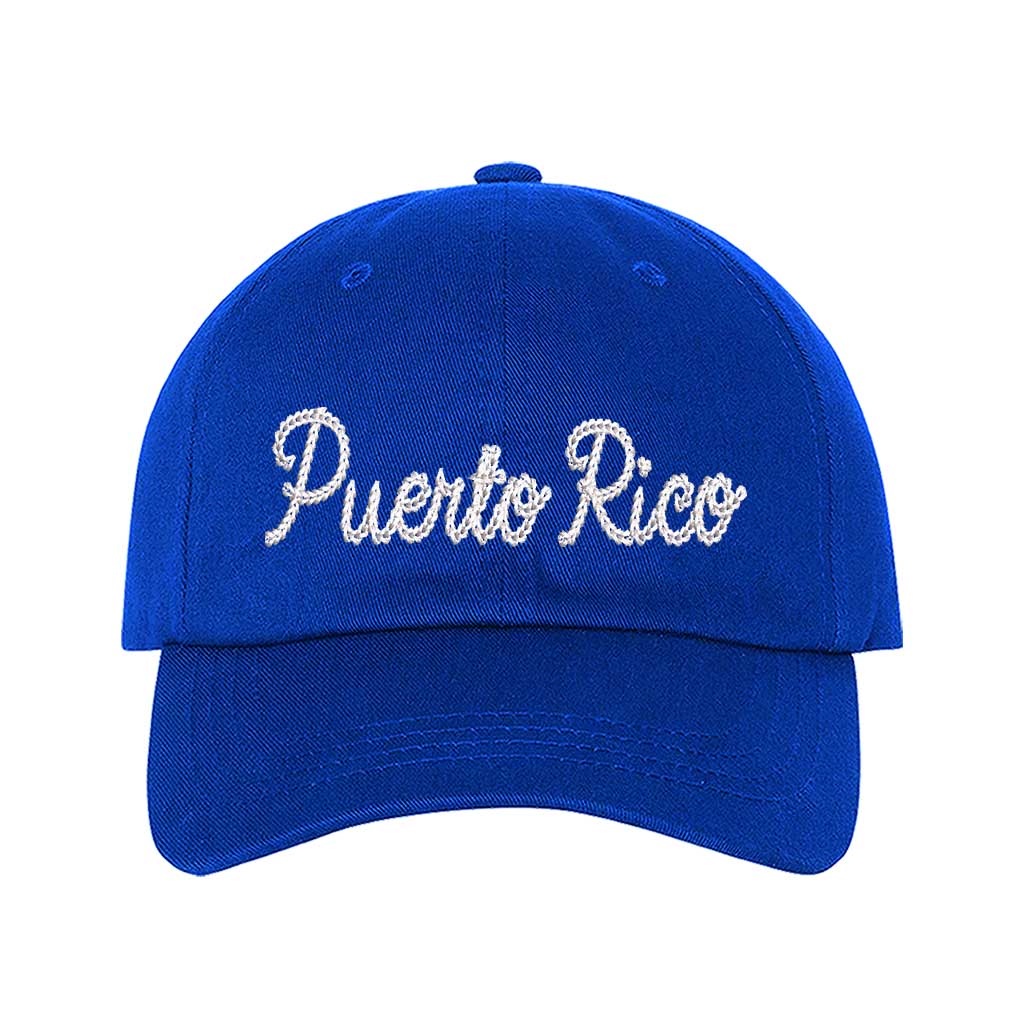 Royal Blue Puerto Rico Chain Stitch Embroidered Baseball Hat with textured chain stitch embroidery, a curved brim, and an adjustable strap, designed for Puerto Rican pride and heritage - DSY Lifestyle