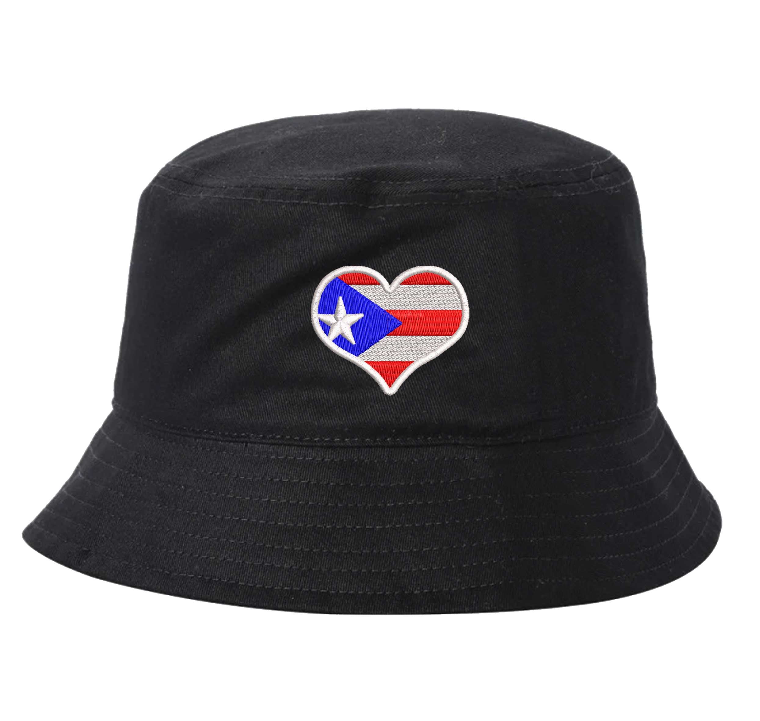 Black DSY Lifestyle bucket hat featuring a detailed embroidered heart shaped like the Puerto Rican flag centered on the front. - DSY Lifestyle
