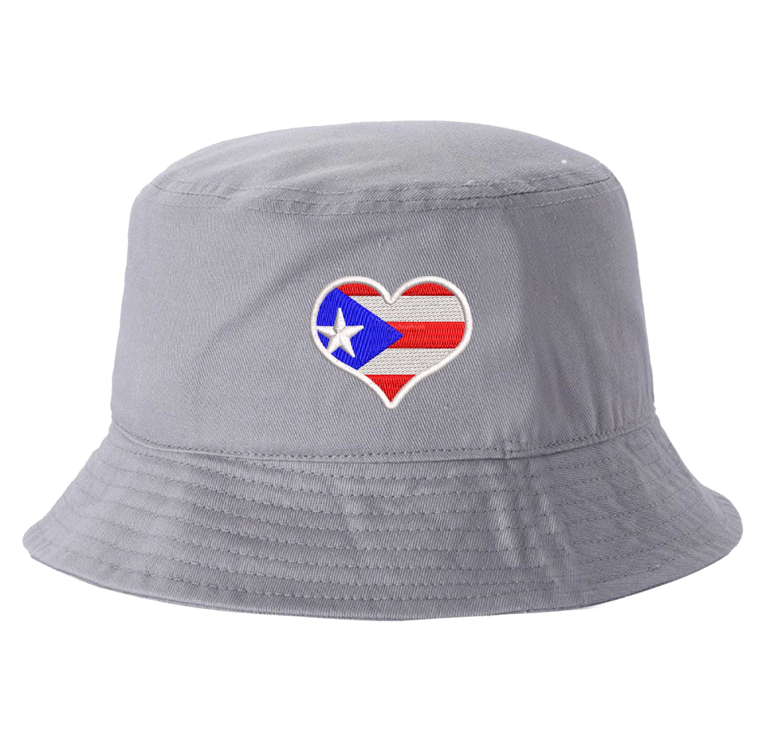 Gray DSY Lifestyle bucket hat featuring a detailed embroidered heart shaped like the Puerto Rican flag centered on the front. - DSY Lifestyle
