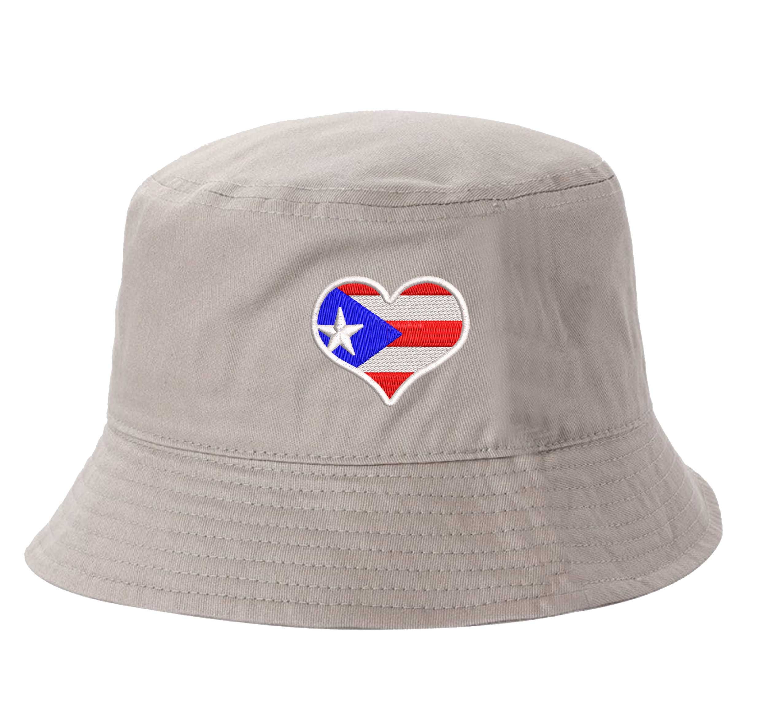 Khaki DSY Lifestyle bucket hat featuring a detailed embroidered heart shaped like the Puerto Rican flag centered on the front. - DSY Lifestyle