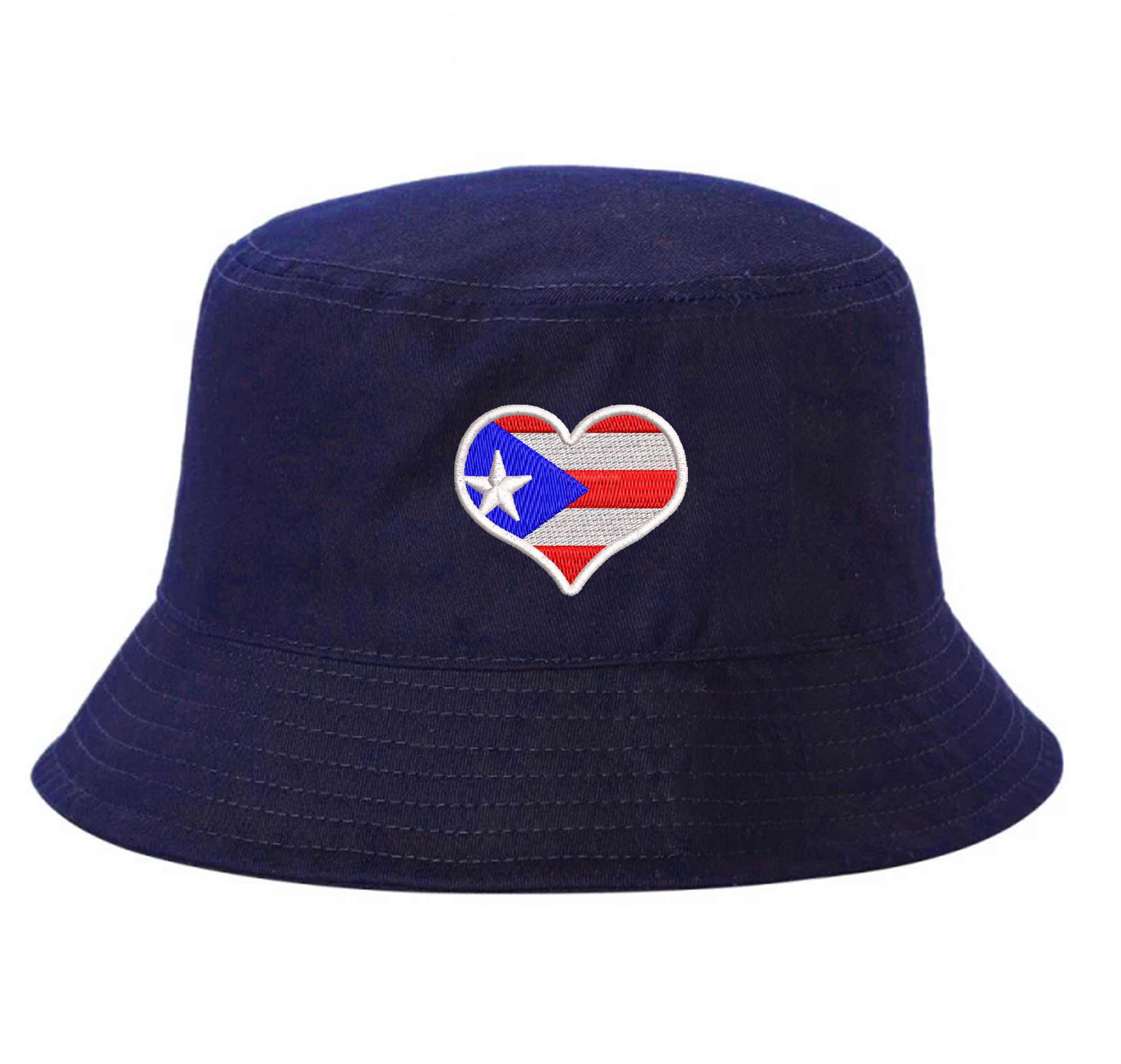 Navy Blue DSY Lifestyle bucket hat featuring a detailed embroidered heart shaped like the Puerto Rican flag centered on the front. - DSY Lifestyle