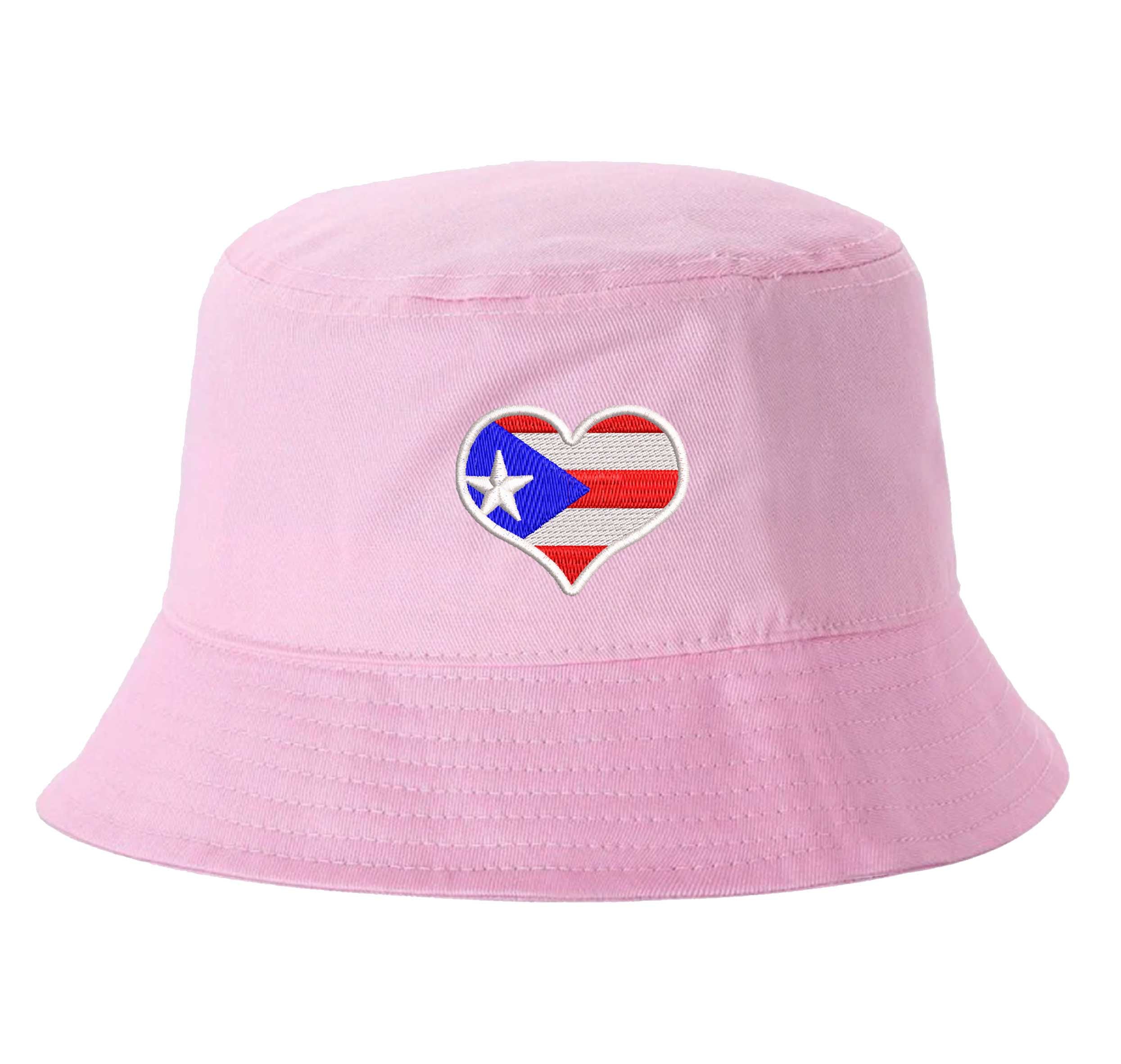 Pink DSY Lifestyle bucket hat featuring a detailed embroidered heart shaped like the Puerto Rican flag centered on the front. - DSY Lifestyle