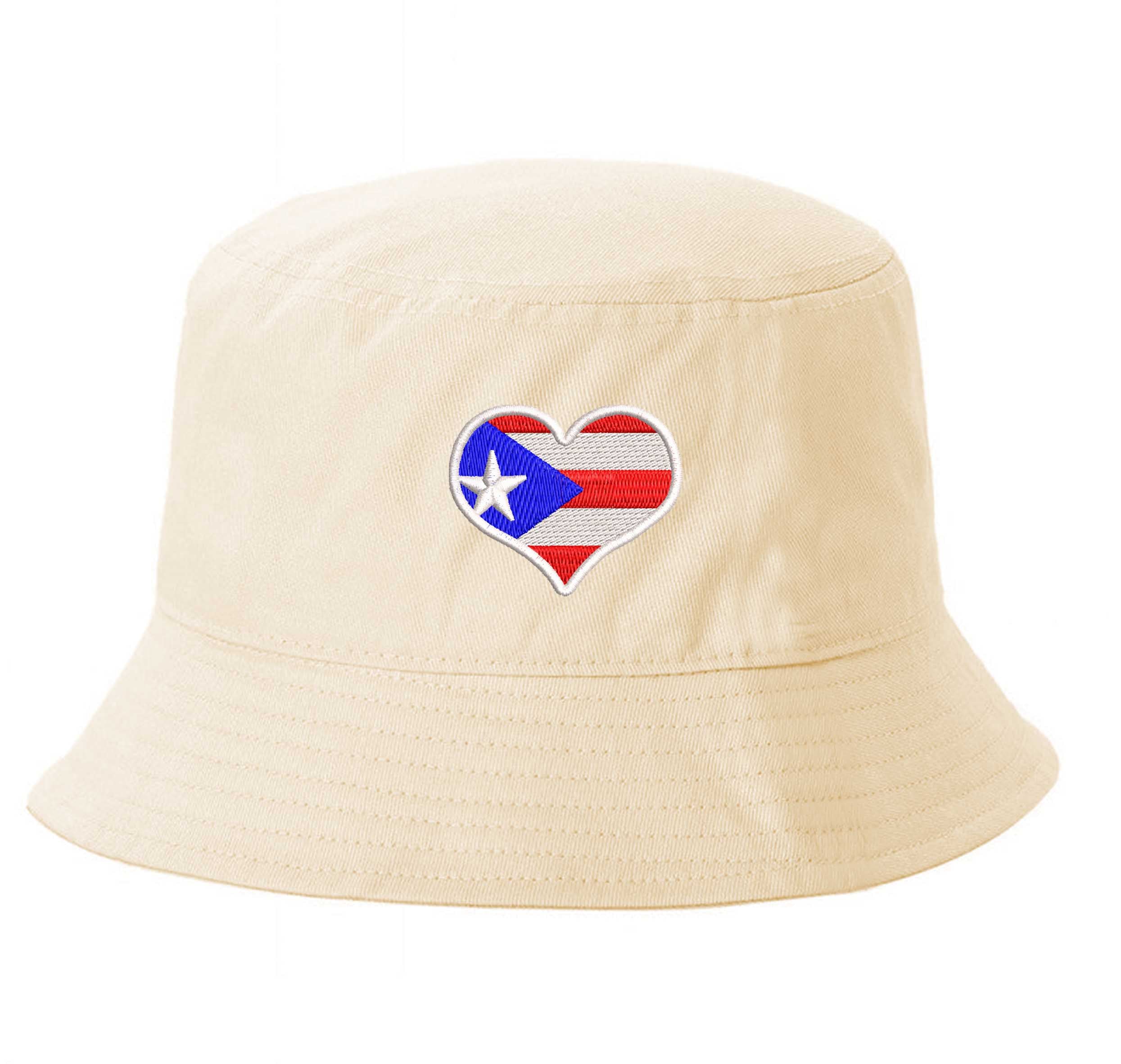 Stone DSY Lifestyle bucket hat featuring a detailed embroidered heart shaped like the Puerto Rican flag centered on the front. - DSY Lifestyle
