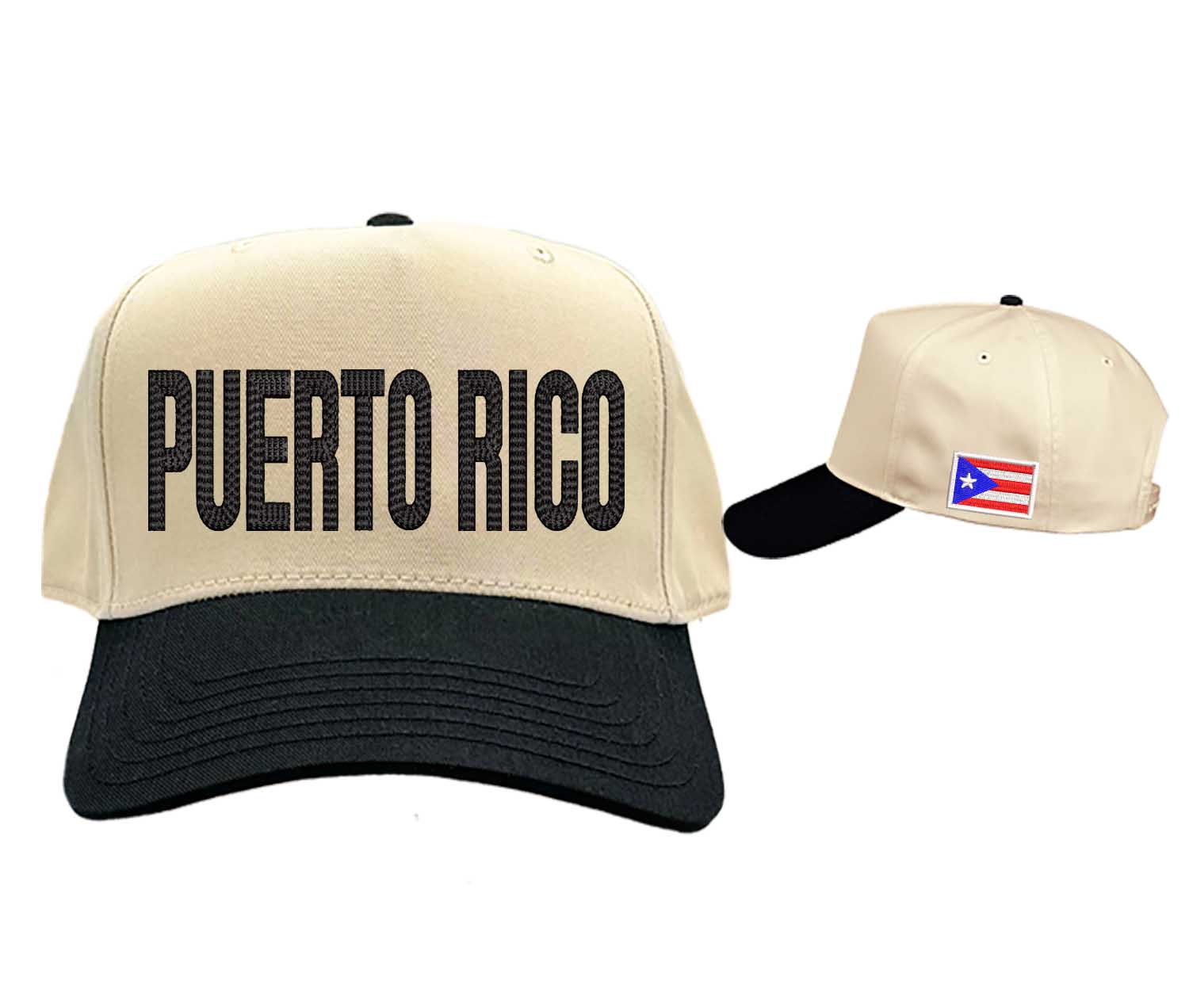 Natural Black front/side view Puerto Rico Boricua embroidered 5-panel baseball hat. A statement baseball hat for women who love culture, street style, and effortless outfits. - DSY Lifestyle.