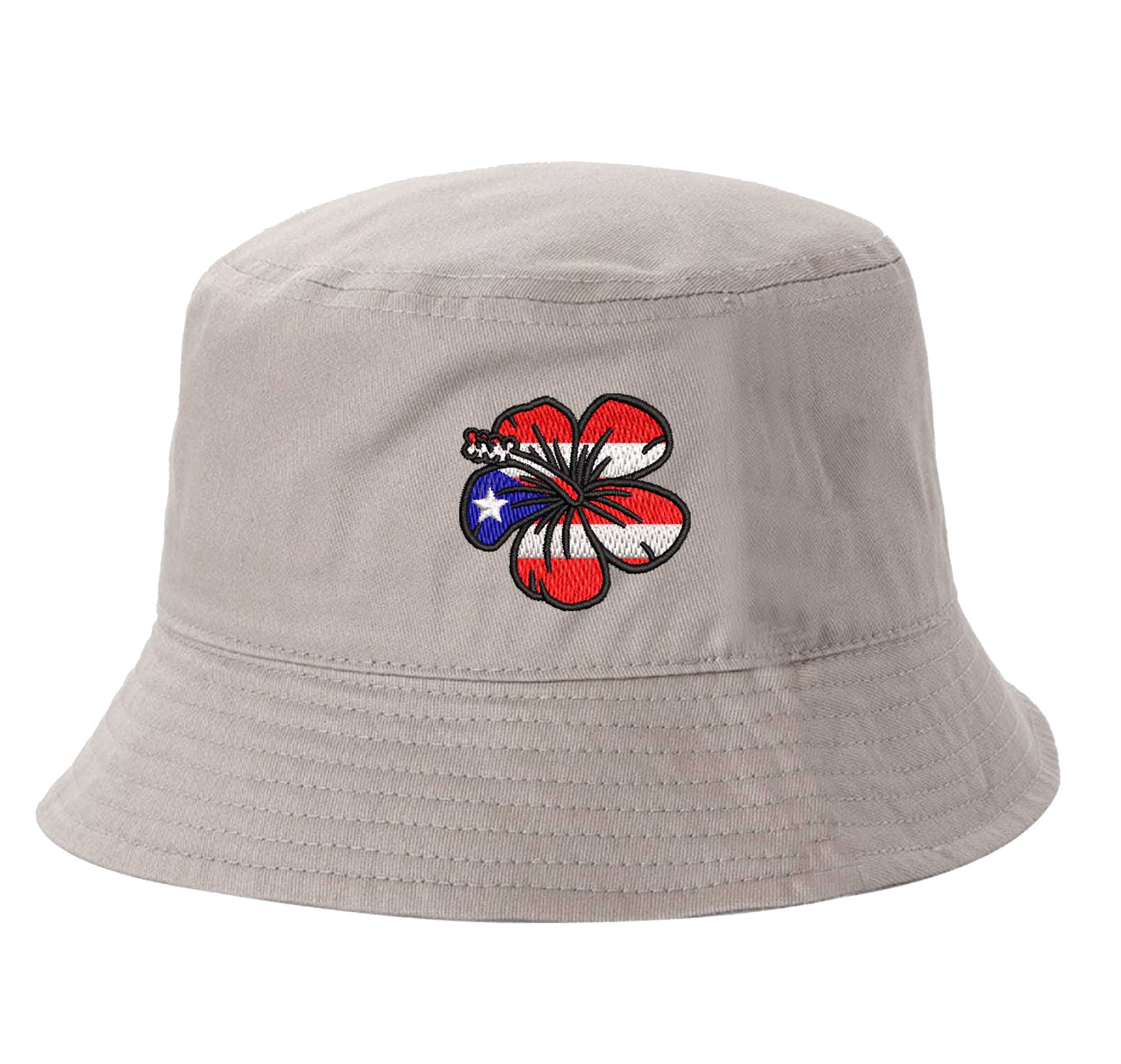 Khaki DSY Lifestyle bucket hat with a detailed embroidered red Amapola (Hibiscus) flower centered on the front. - DSY Lifestyle