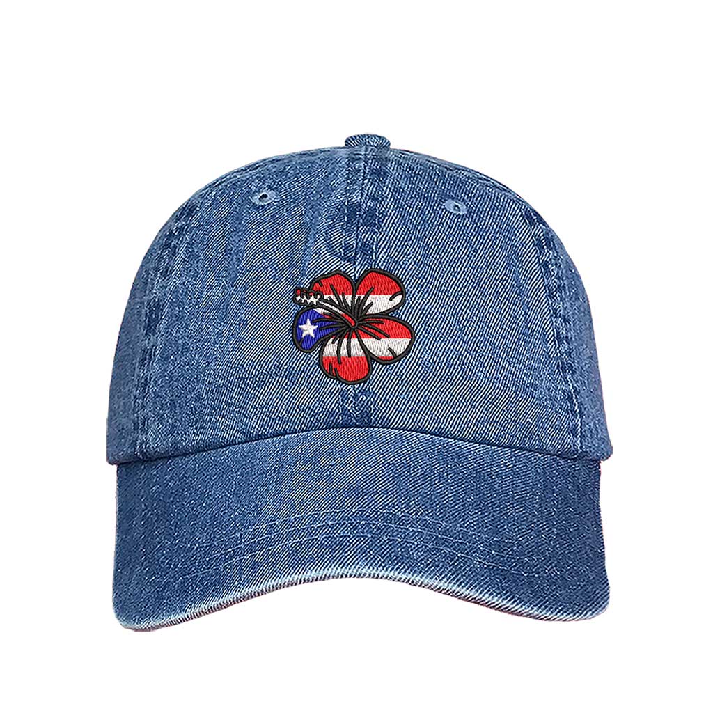 Light Denim baseball hat embroidered with a Puerto Rican Amapola shaped flag, representing Puerto Rican culture and beauty - DSY Lifestyle