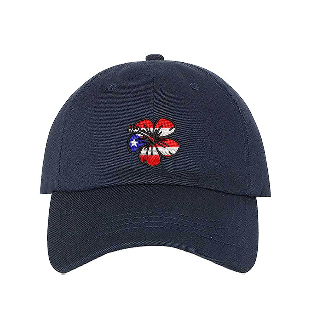 Navy Blue baseball hat embroidered with a Puerto Rican Amapola shaped flag, representing Puerto Rican culture and beauty - DSY Lifestyle