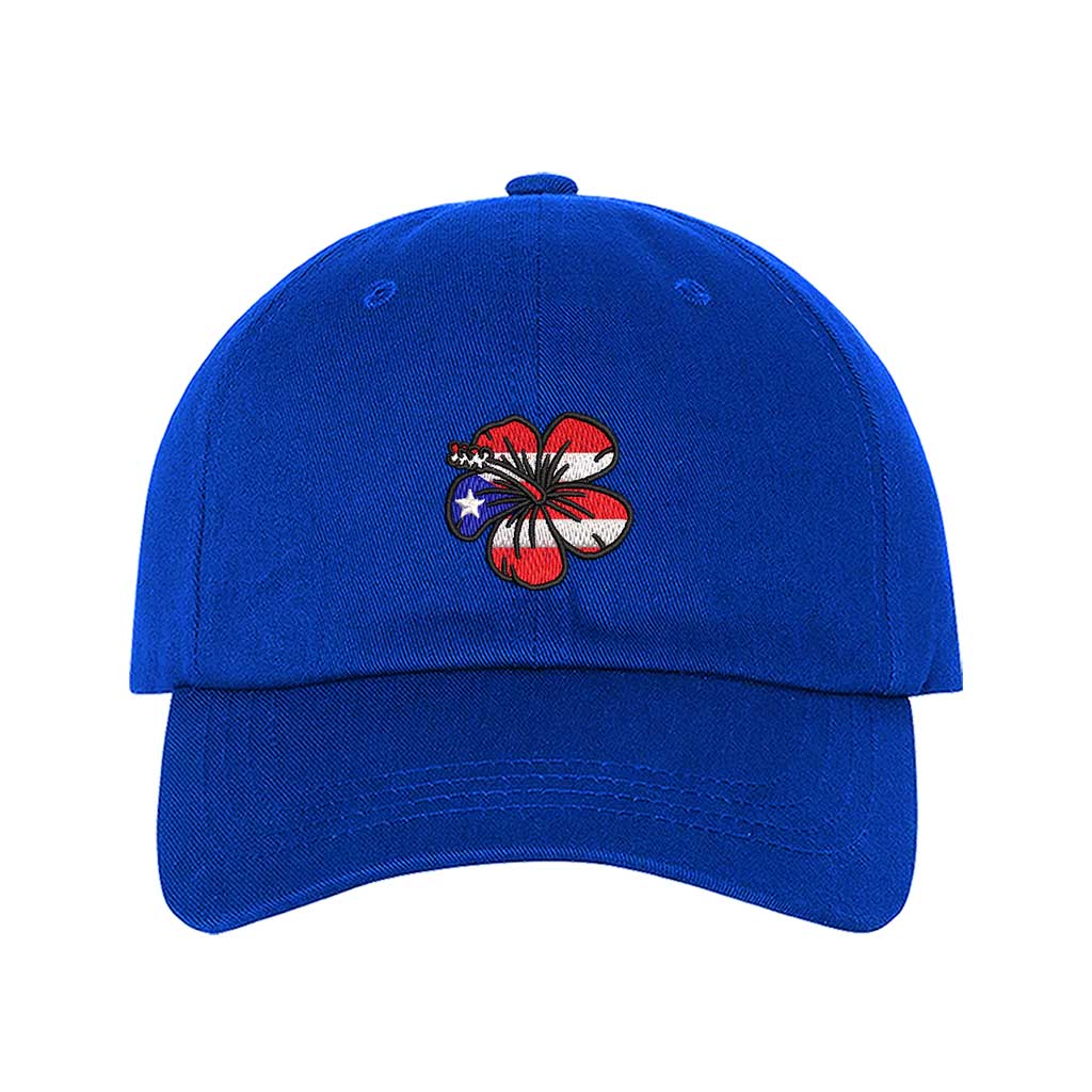 Royal Blue baseball hat embroidered with a Puerto Rican Amapola shaped flag, representing Puerto Rican culture and beauty - DSY Lifestyle