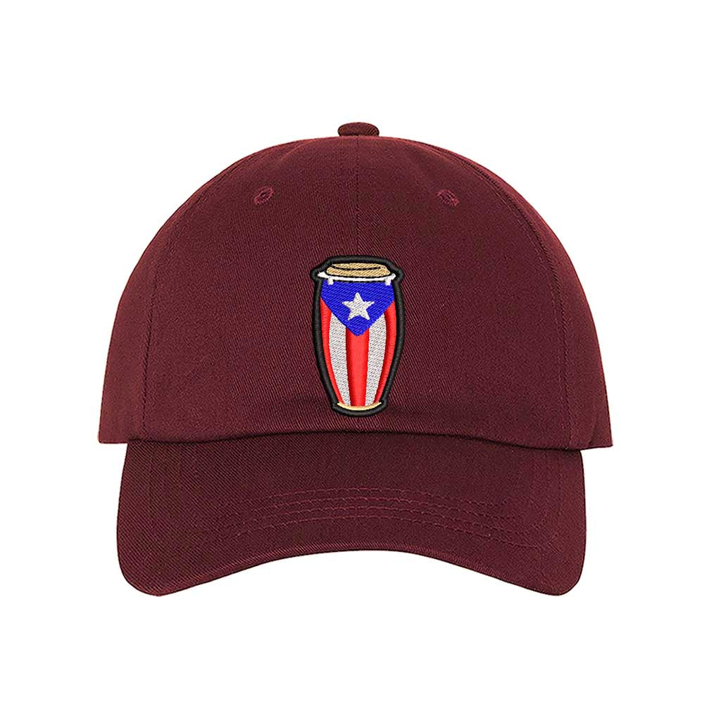 Burgundy Conga Salsa Puerto Rico Baseball Hat featuring embroidered conga drums and salsa-inspired details on a stylish adjustable cap - DSY Lifestyle