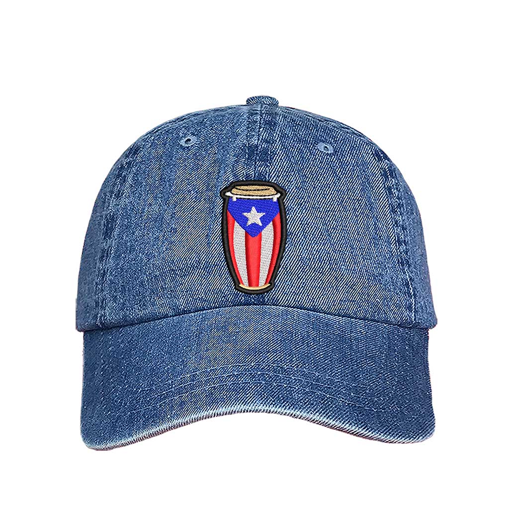 Light Denim Conga Salsa Puerto Rico Baseball Hat featuring embroidered conga drums and salsa-inspired details on a stylish adjustable cap - DSY Lifestyle