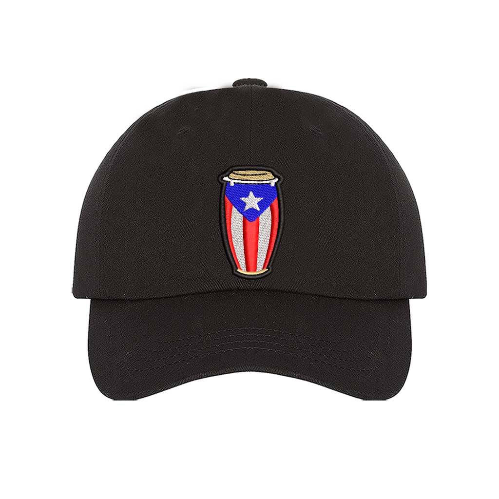 Black Conga Salsa Puerto Rico Baseball Hat featuring embroidered conga drums and salsa-inspired details on a stylish adjustable cap - DSY Lifestyle