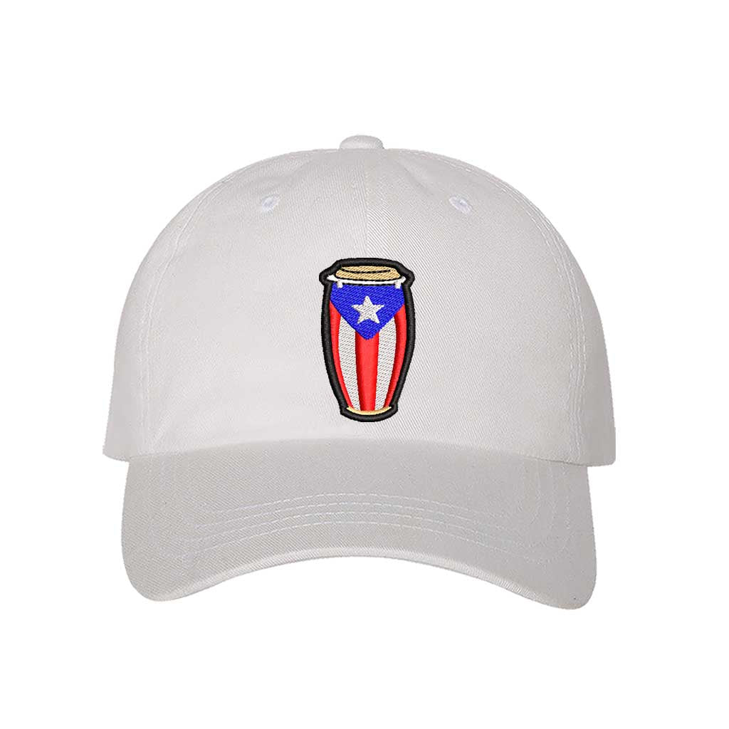 White Conga Salsa Puerto Rico Baseball Hat featuring embroidered conga drums and salsa-inspired details on a stylish adjustable cap - DSY Lifestyle