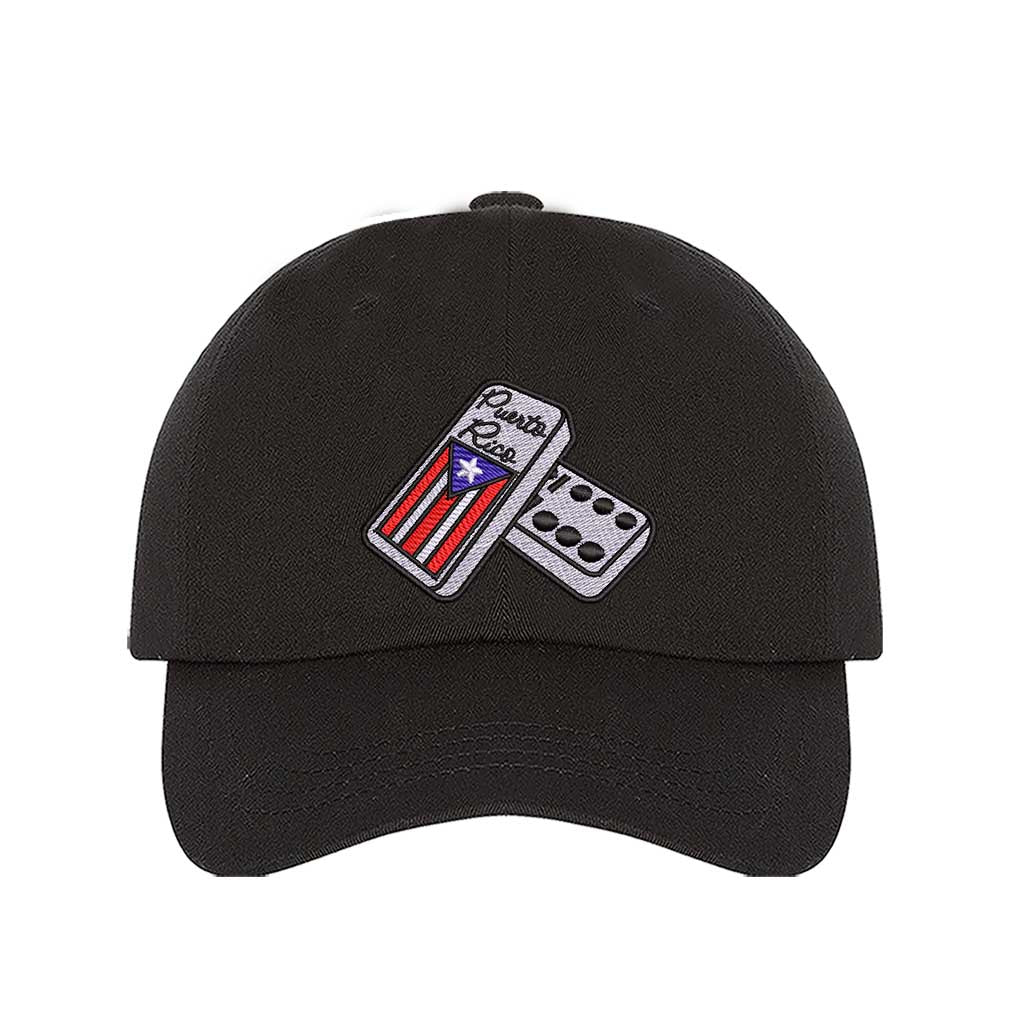 Black Front view of a classic baseball hat featuring a detailed domino tile in high-density embroidery on the center crown. - DSY Lifestyle