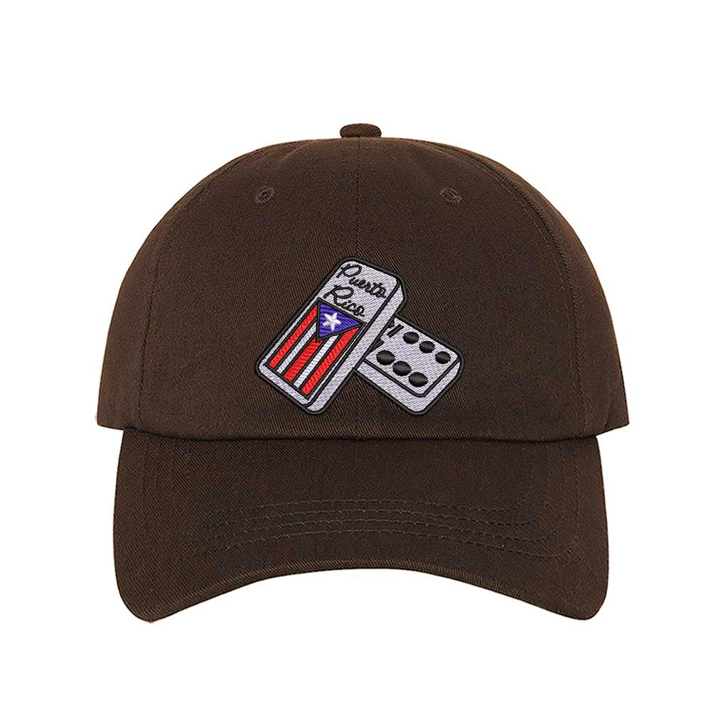Brown Front view of a classic baseball hat featuring a detailed domino tile in high-density embroidery on the center crown. - DSY Lifestyle