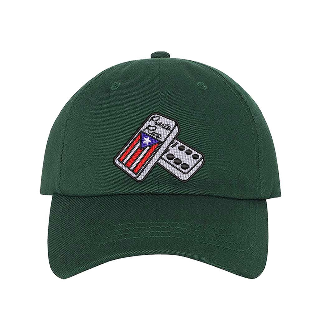 Forest Green Front view of a classic baseball hat featuring a detailed domino tile in high-density embroidery on the center crown. - DSY Lifestyle