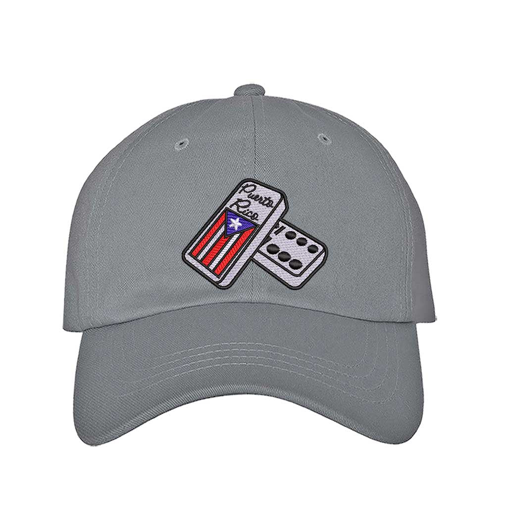 Gray Front view of a classic baseball hat featuring a detailed domino tile in high-density embroidery on the center crown. - DSY Lifestyle