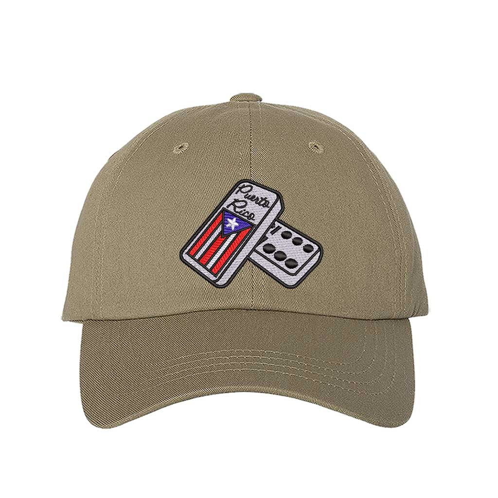 Khaki Front view of a classic baseball hat featuring a detailed domino tile in high-density embroidery on the center crown. - DSY Lifestyle