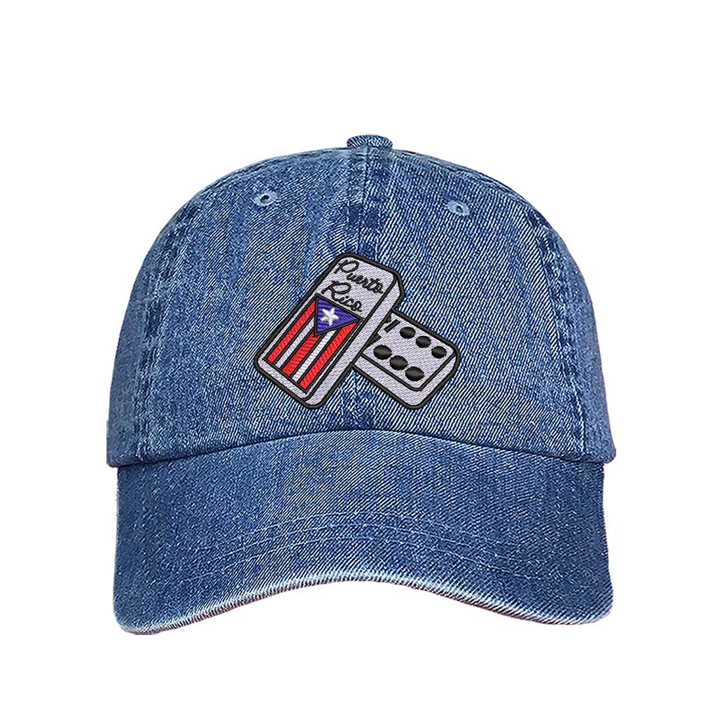 Light Denim Front view of a classic baseball hat featuring a detailed domino tile in high-density embroidery on the center crown. - DSY Lifestyle