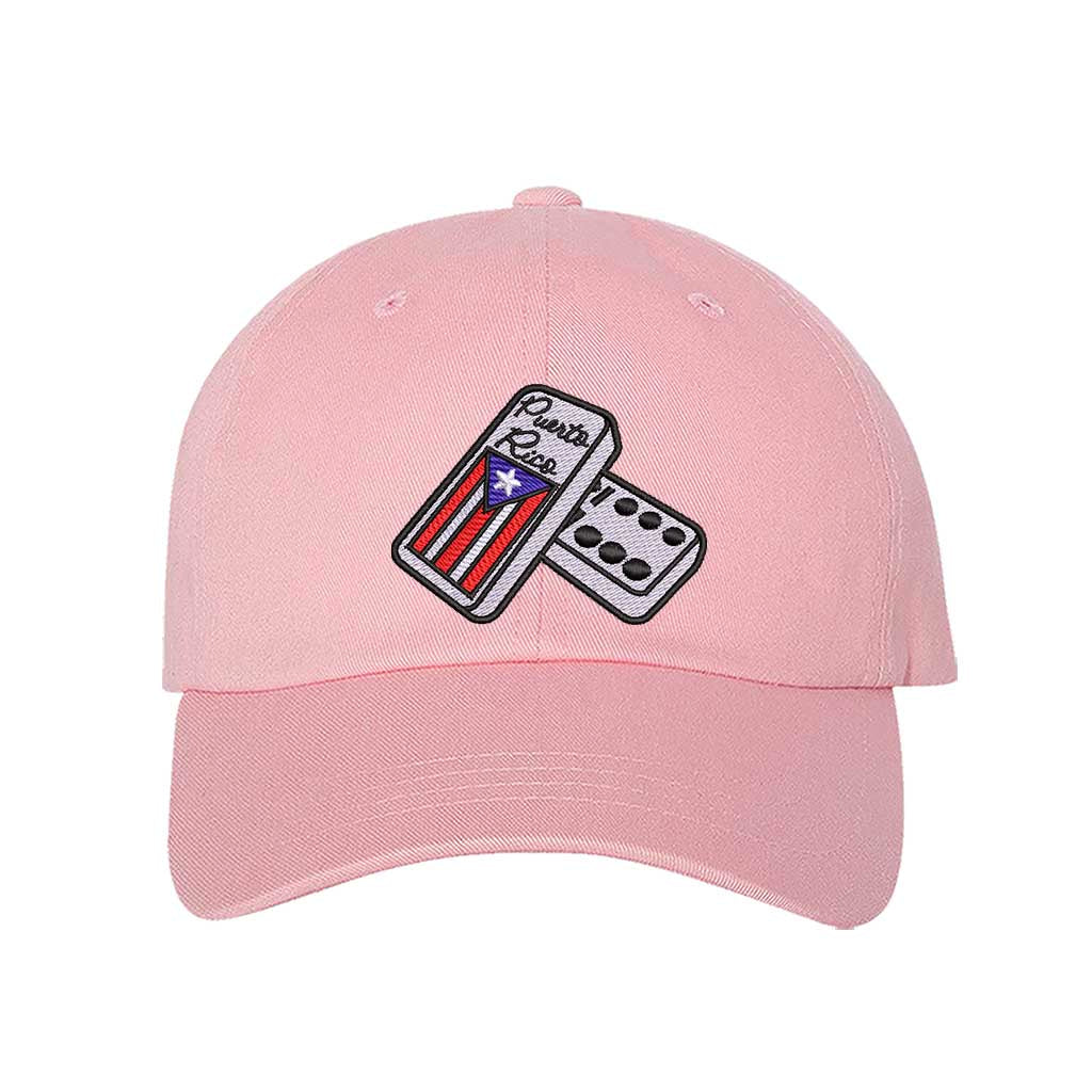 Light Pink Front view of a classic baseball hat featuring a detailed domino tile in high-density embroidery on the center crown. - DSY Lifestyle