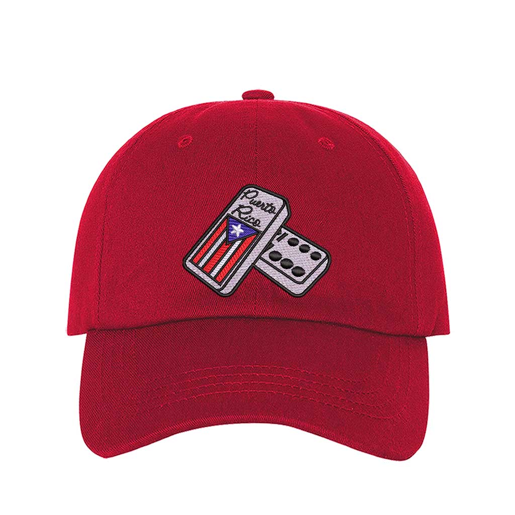 Red Front view of a classic baseball hat featuring a detailed domino tile in high-density embroidery on the center crown. - DSY Lifestyle
