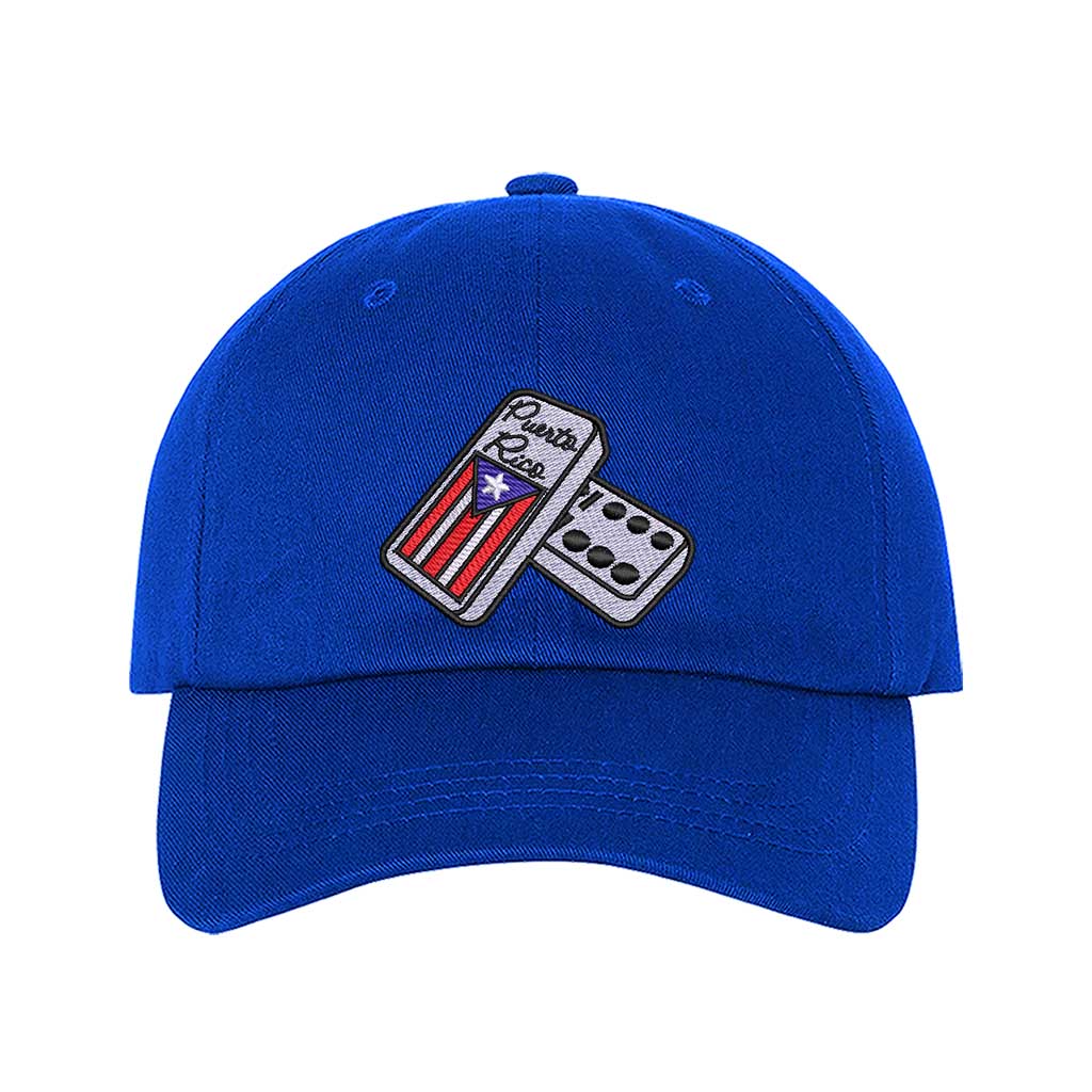 Royal Blue Front view of a classic baseball hat featuring a detailed domino tile in high-density embroidery on the center crown. - DSY Lifestyle