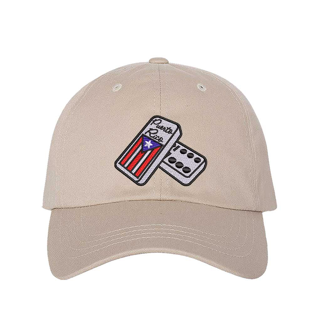 Stone Front view of a classic baseball hat featuring a detailed domino tile in high-density embroidery on the center crown. - DSY Lifestyle