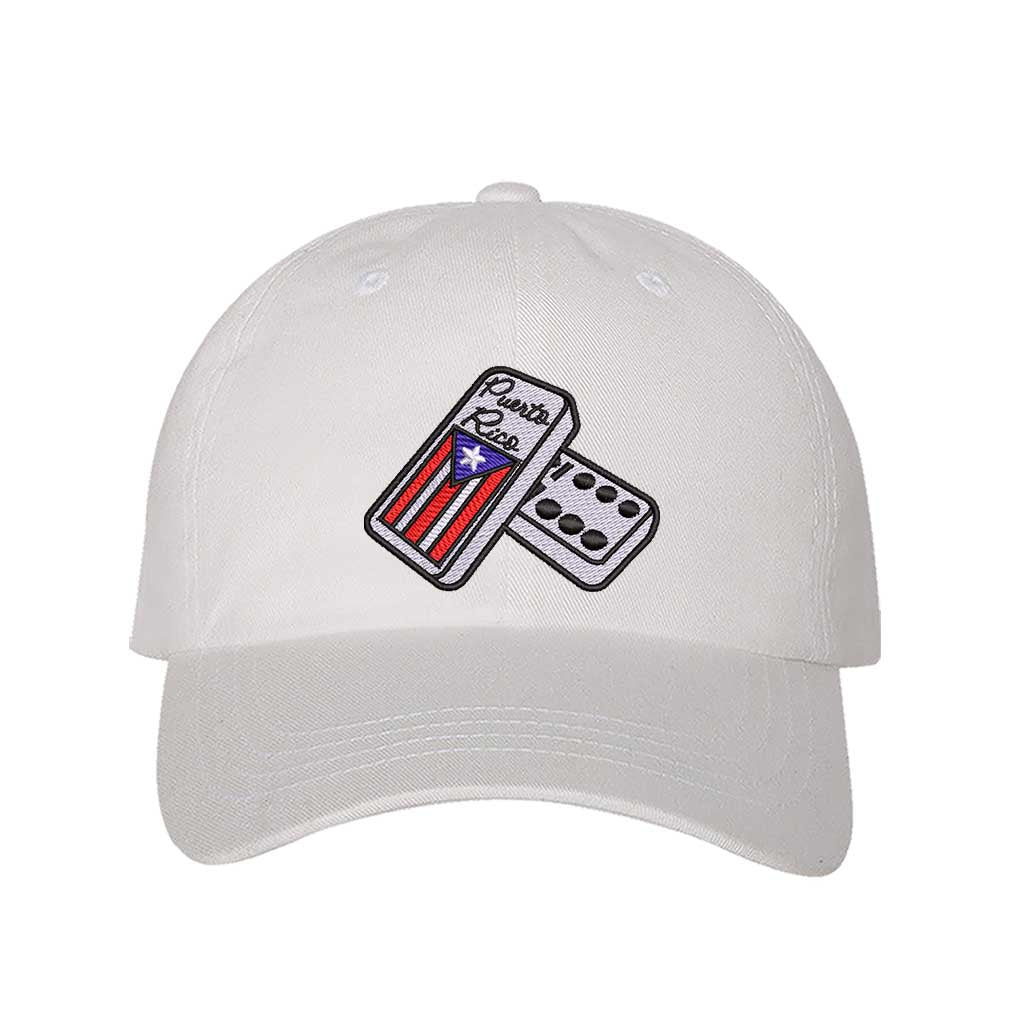 White Front view of a classic baseball hat featuring a detailed domino tile in high-density embroidery on the center crown. - DSY Lifestyle