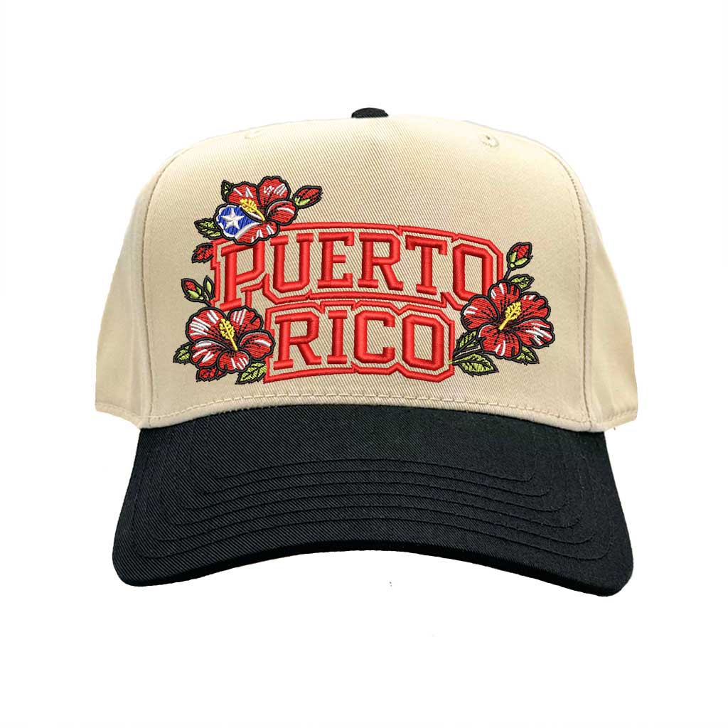 Natural Black Puerto Rico in Bloom embroidered baseball hat. A two-tone statement hat for women who love culture, effortless outfits, and bold style.-DSY Lifestyle