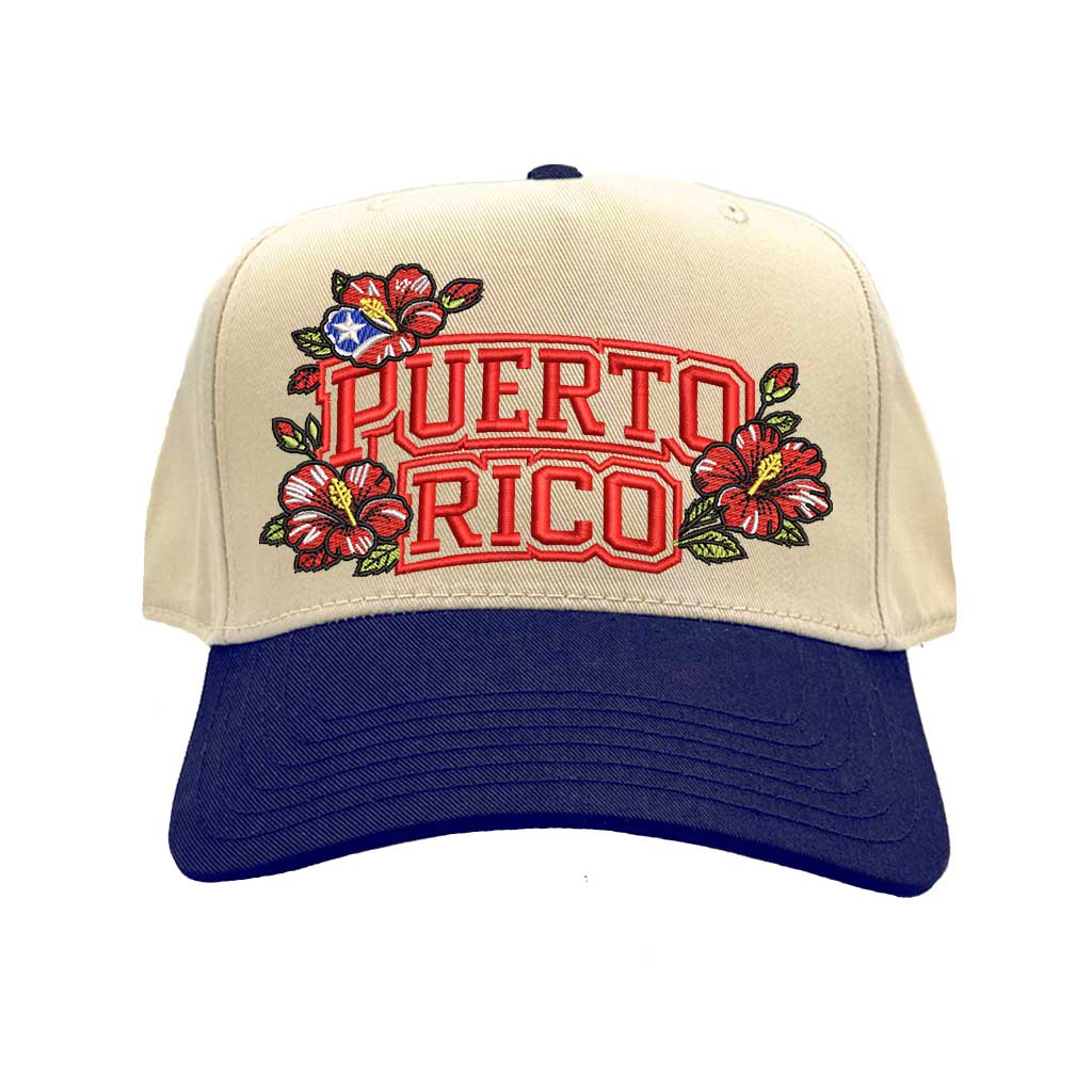 Natural Navy Blue Puerto Rico in Bloom embroidered baseball hat. A two-tone statement hat for women who love culture, effortless outfits, and bold style.-DSY Lifestyle