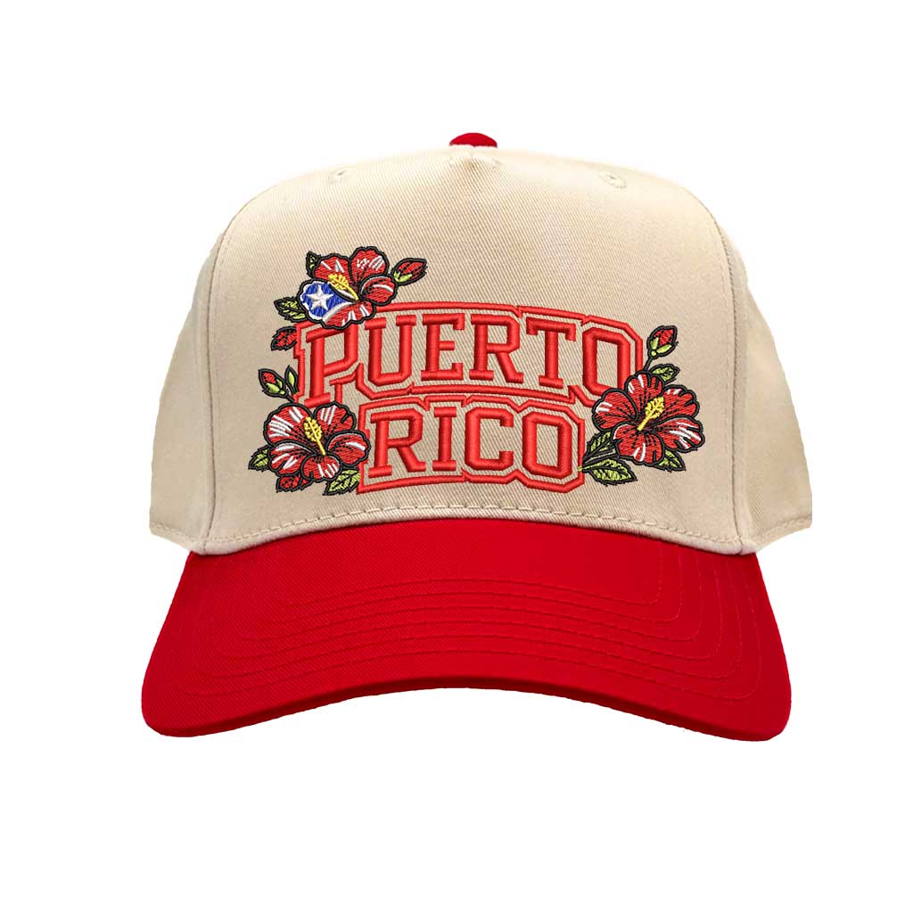 Natural Red Puerto Rico in Bloom embroidered baseball hat. A two-tone statement hat for women who love culture, effortless outfits, and bold style.-DSY Lifestyle