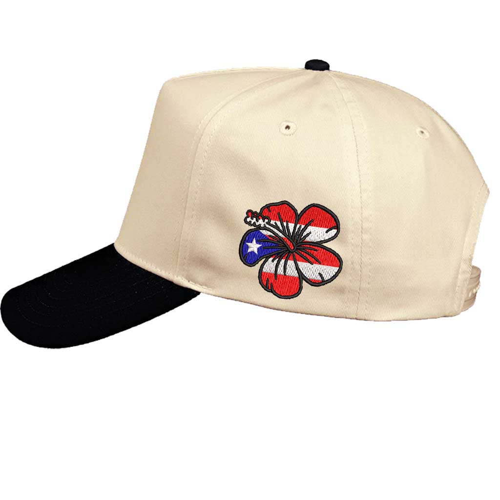 Natural Black side-view Puerto Rico in Bloom embroidered baseball hat. A two-tone statement hat for women who love culture, effortless outfits, and bold style. - DSY Lifestyle