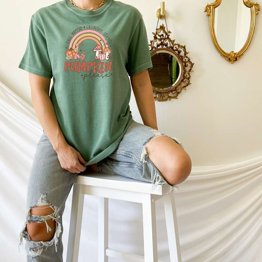 Green Fall Breeze Crunchy Leaves Pumpkin Please Unisex Washed Tshirt