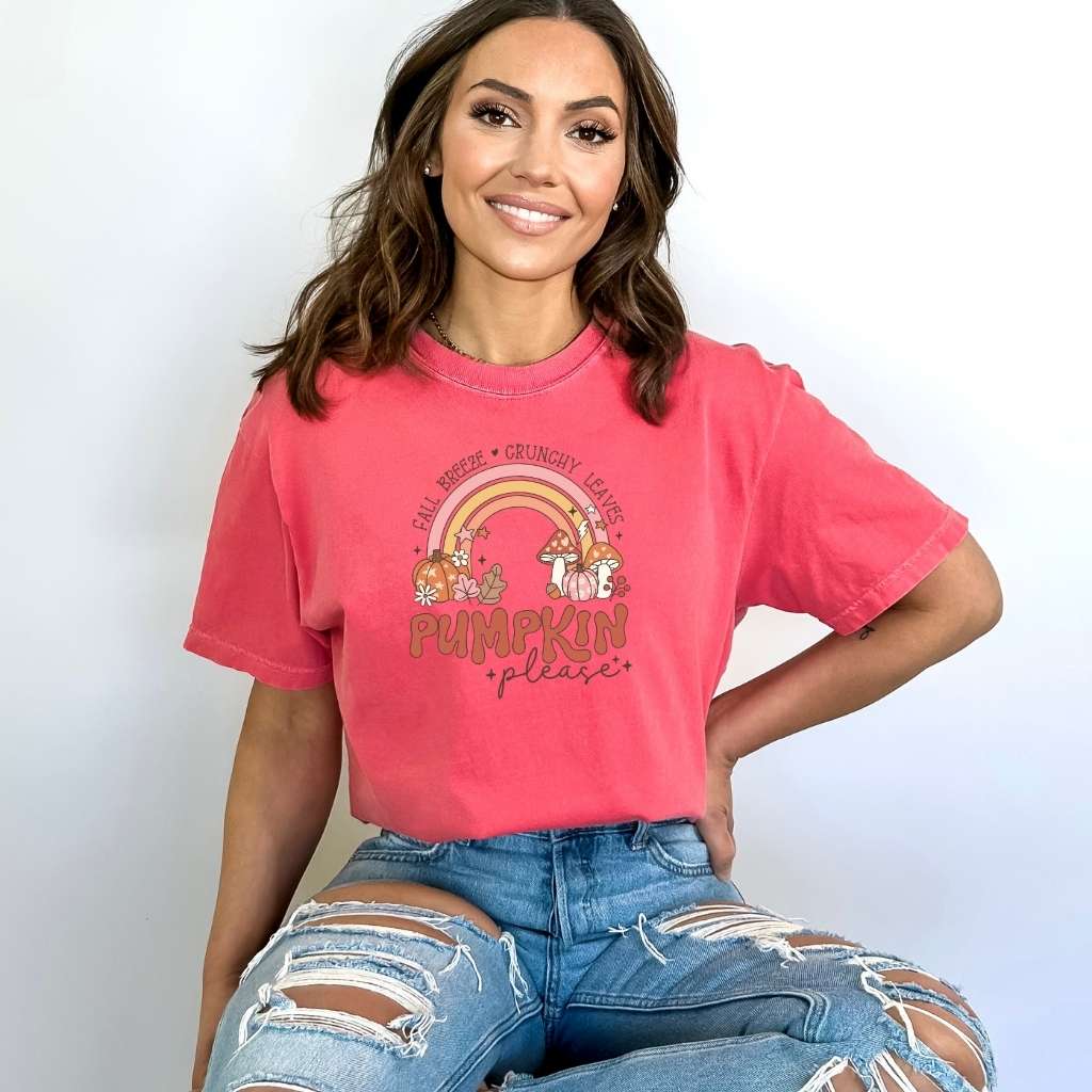 Red Fall Breeze Crunchy Leaves Pumpkin Please Unisex Washed Tshirt- DSY Lifestyle