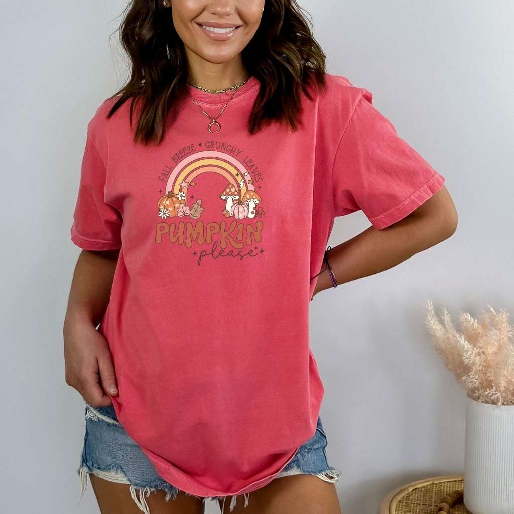 Red Fall Breeze Crunchy Leaves Pumpkin Please Unisex Washed Tshirt- DSY Lifestyle