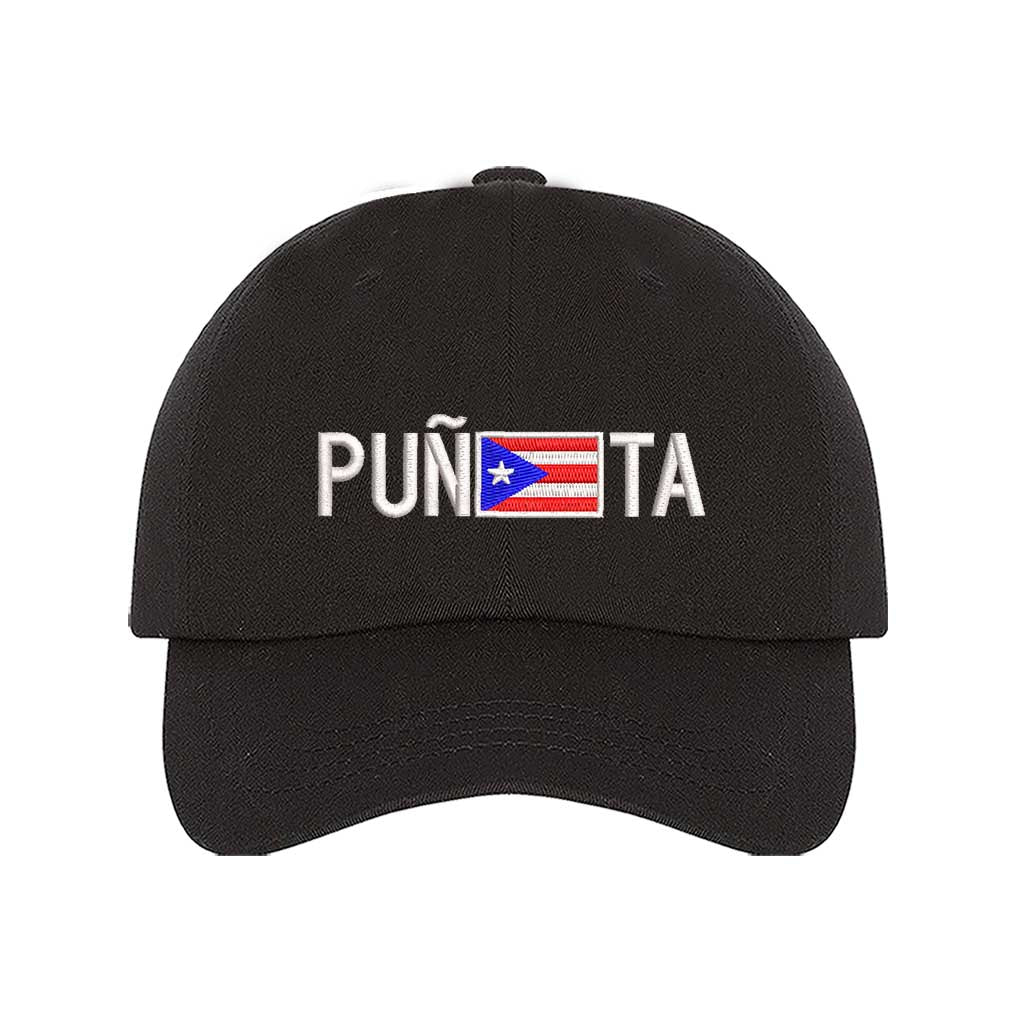 Black embroidered baseball hat with "Puñeta" in bold lettering, featuring the Puerto Rican flag as the letter "E," representing Boricua pride and culture - DSY Lifestyle