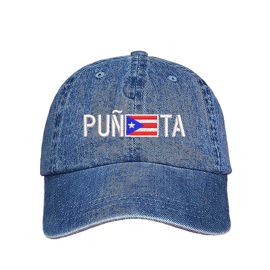 Light Denim embroidered baseball hat with "Puñeta" in bold lettering, featuring the Puerto Rican flag as the letter "E," representing Boricua pride and culture - DSY Lifestyle