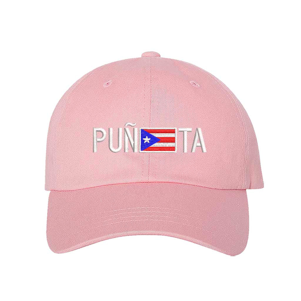 Light Pink embroidered baseball hat with "Puñeta" in bold lettering, featuring the Puerto Rican flag as the letter "E," representing Boricua pride and culture - DSY Lifestyle